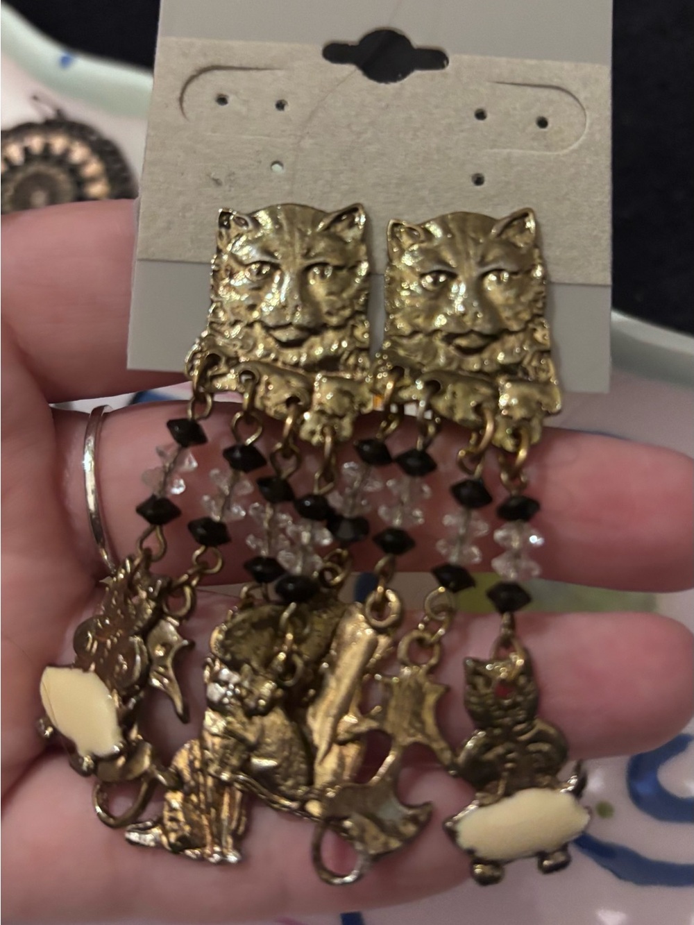 Vintage Gold-Tone Cat Charm Drop Earrings - Gold